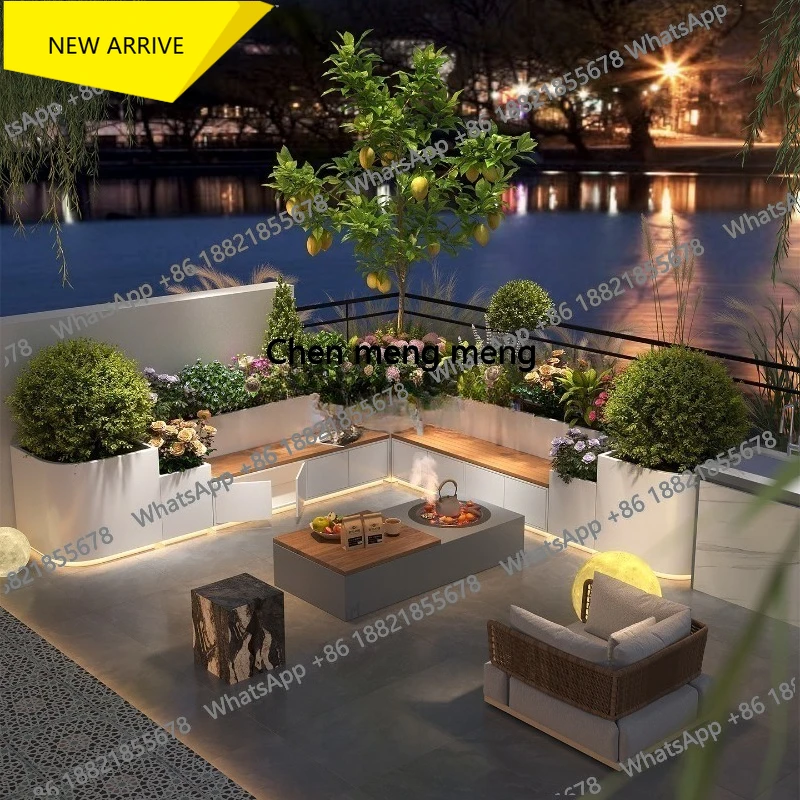 

Courtyard Stainless Steel Flower Box & Bench Combination - Rustproof Outdoor Garden Terrace Landscape Fence Partition Planter