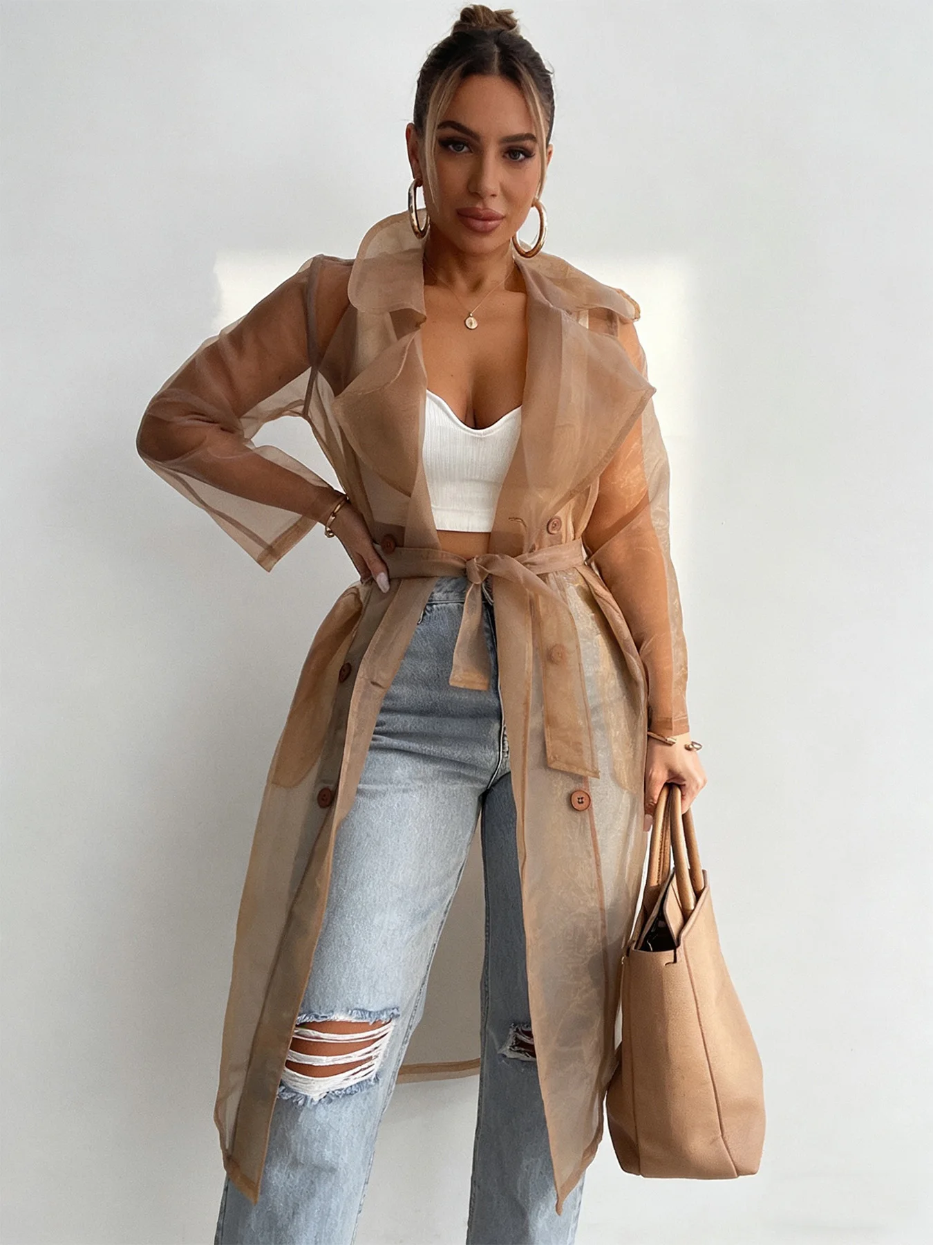 Women Sheer Mesh Long Trench Coat, Lapel Double Breasted Loose Fit See-Through Sun Protection Kimono Cardigan