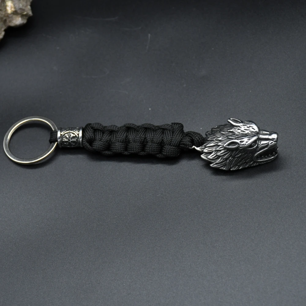 Viking Wolf Head Survival Rope Keychain Men\'s Stainless Steel Pendant Paracord Keyring Handmade Norse Pirates Rune Amulet Jewelr