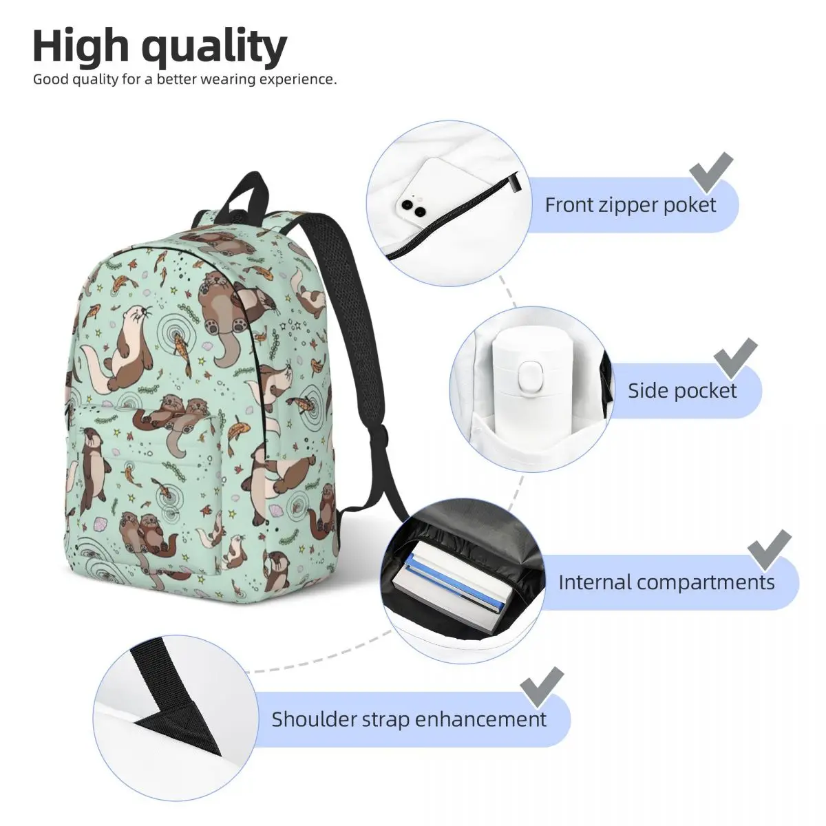 Kawaii Sea Otters Backpack for Men Women Teenage High School Business Daypack Animal Laptop Computer Canvas Bags Sports