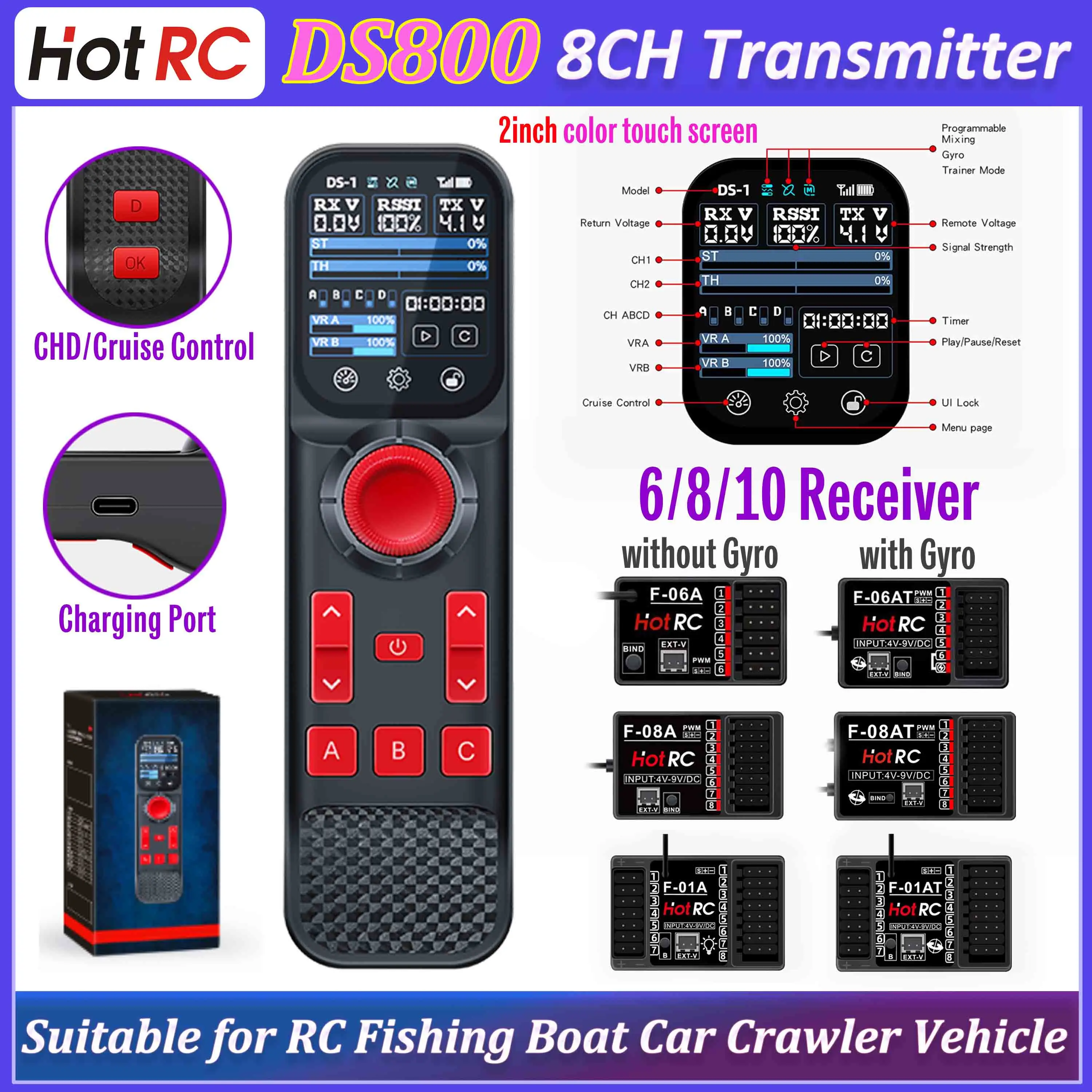 Hotrc DS800 DS 800 8CH 2.4GHz Transmitter 2 Inch Color Touch Screen Radio System Remote Control F-08A Receiver for RC Car Boat