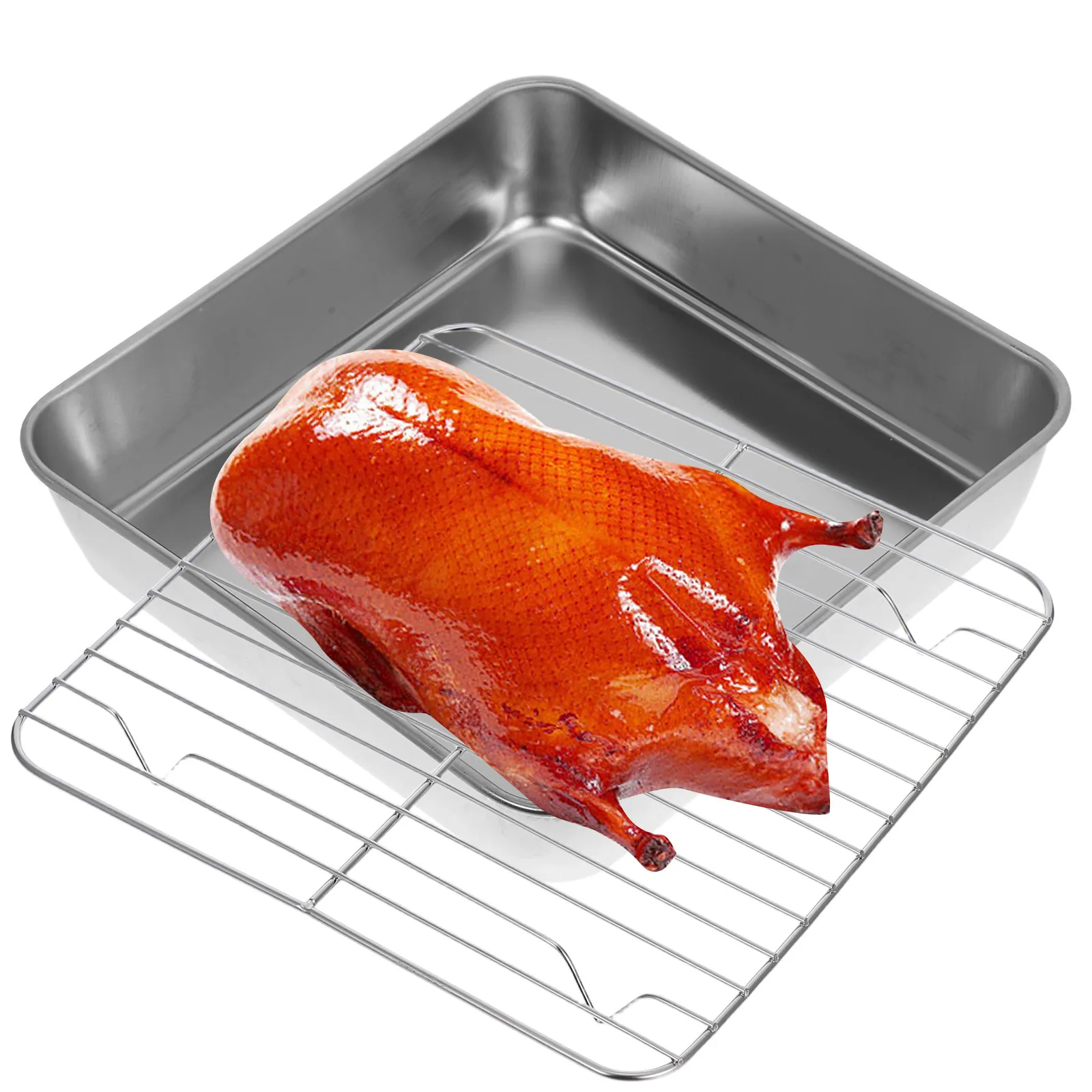 

1Set Stainless Steel Rectangular Roasting Pan Set with Lid Rack High-Temp Oven-Safe Baking Tray for Roasting Steaming Braising