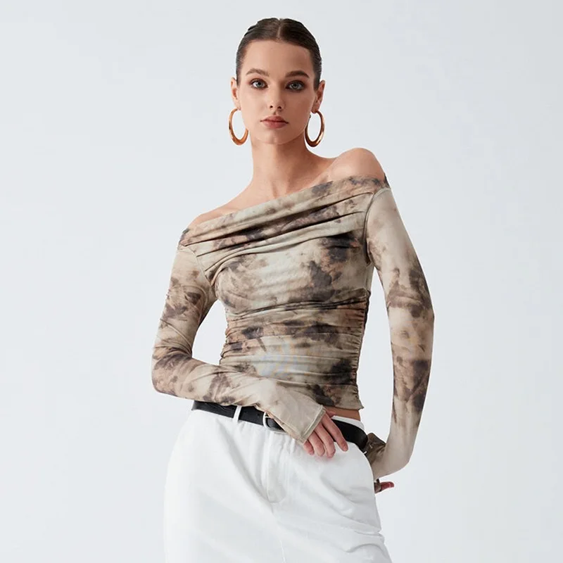 

European and American Retro 3D Printing Sexy One-word Shoulder Pleated Top Exposed Navel Slim T-shirt Women's 2025 Spring New