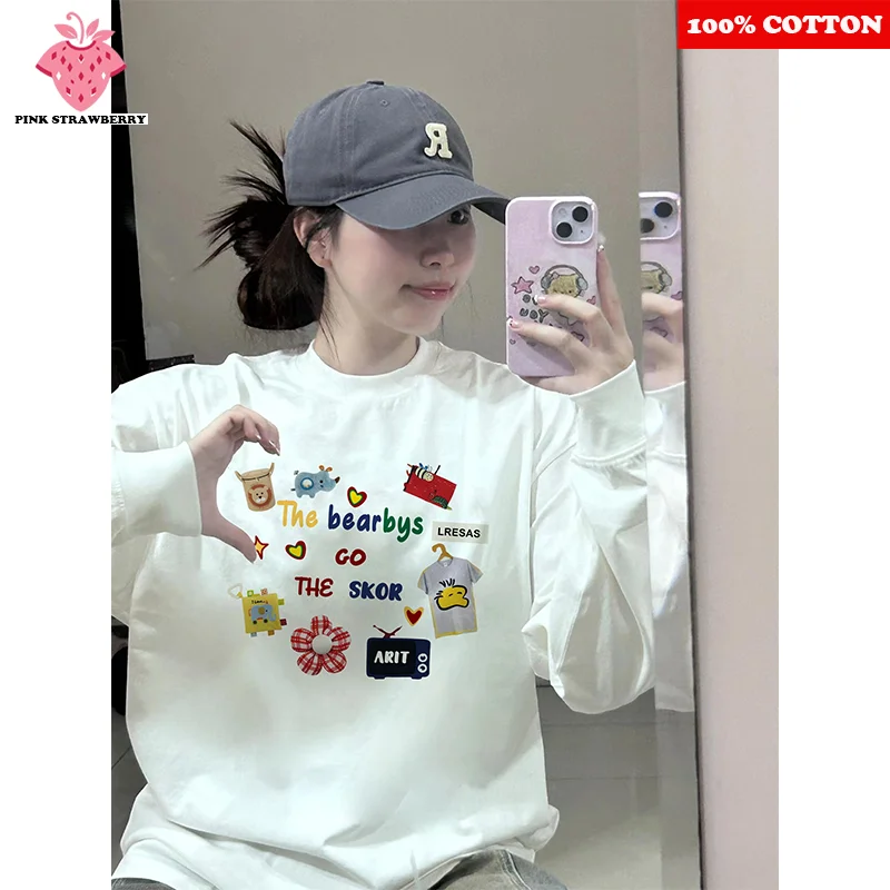 

Cute Letter Print White T-shirt Women Autumn 2025 New 100% Cotton Oversize Loose Long sleeves T-shirt Top Y2k kawaii clothes