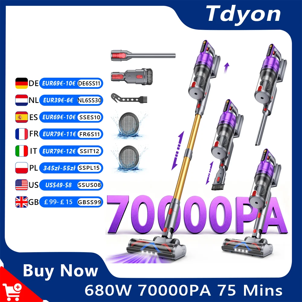 Aspirateur sans fil Tdyon Nova 680W 70000PA, autonomie de 75 minutes, batterie amovible, autoportant, recharge mural