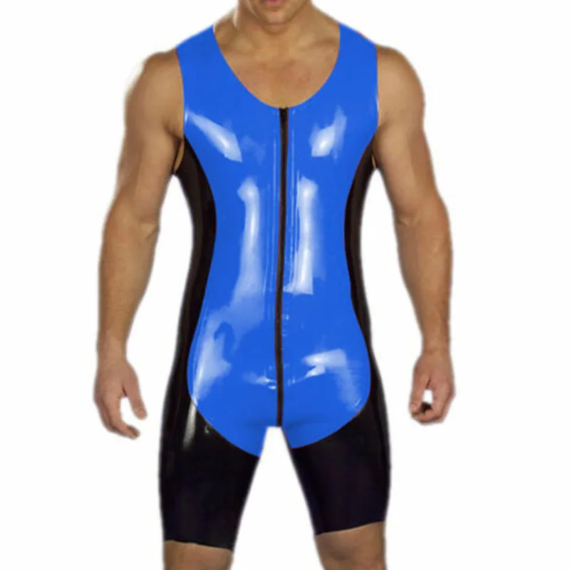 

Latex Catsuit Black with Blue Front Zip Rubber Gummi Sleeveless Fitness Jumpsuit 0.4mm Size S-XXL