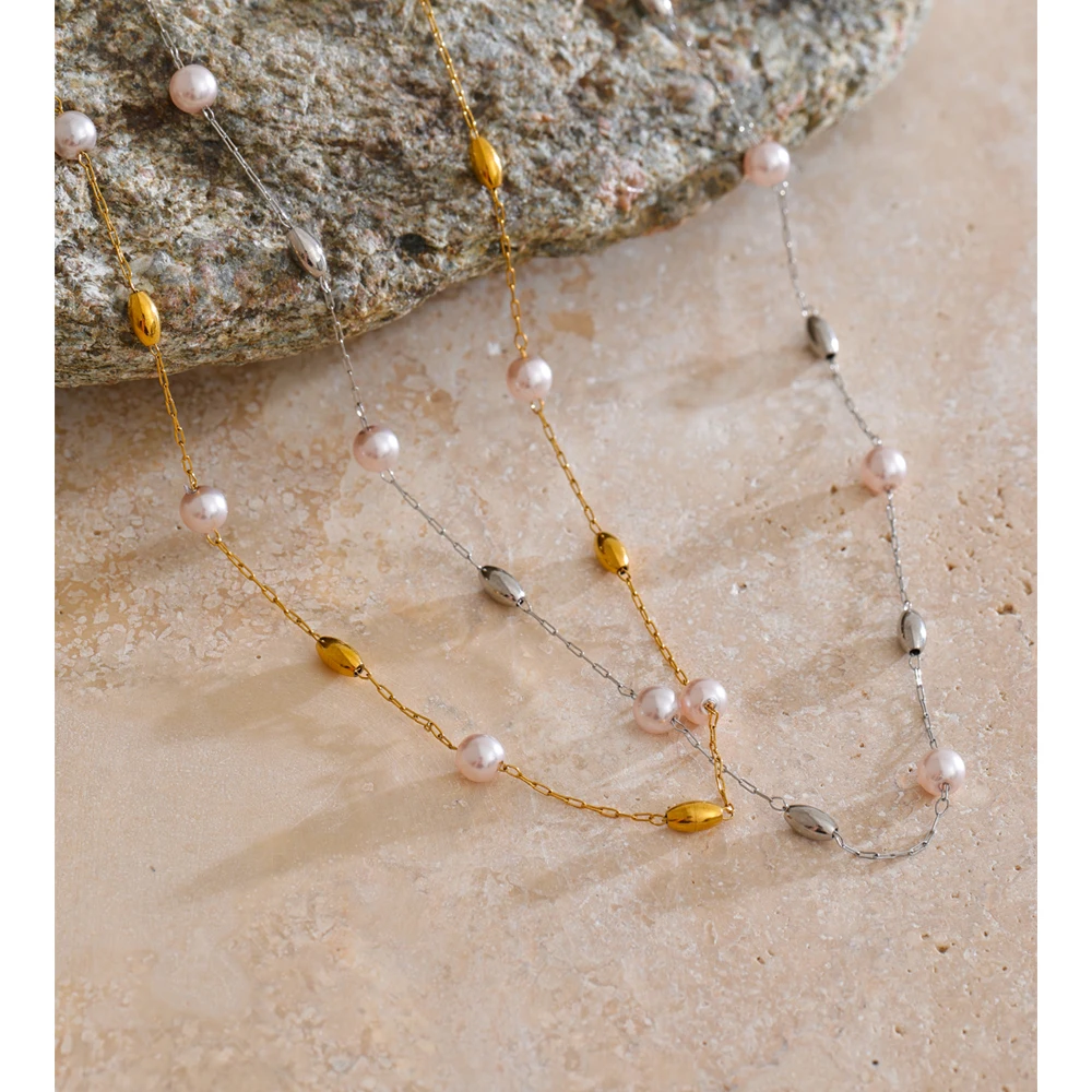 Yhpup Fashion Stainless Steel Simulated Pearls Bead Chain Necklace Tarnish Resistant 18K Golden Plated Collar Chic Neck Jewelry