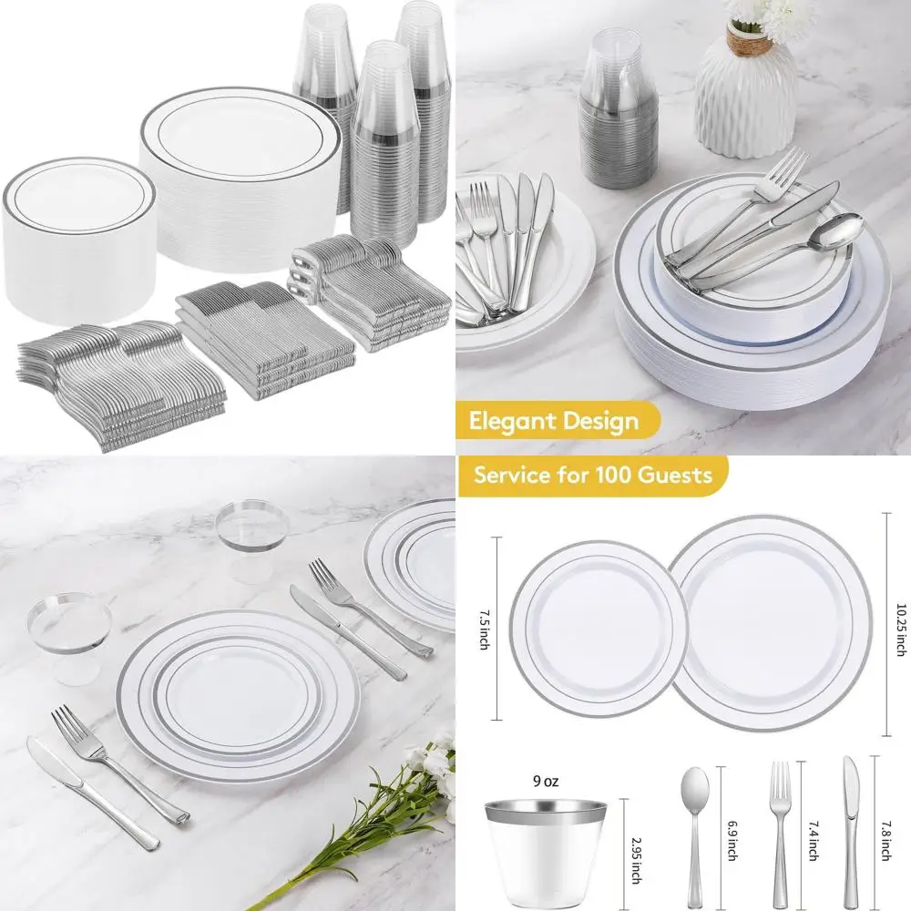 

Set of 70 Silver Disposable Plates, Plastic Dinnerware for 70, Including 70 Spoons, Forks, Knives, and Cups