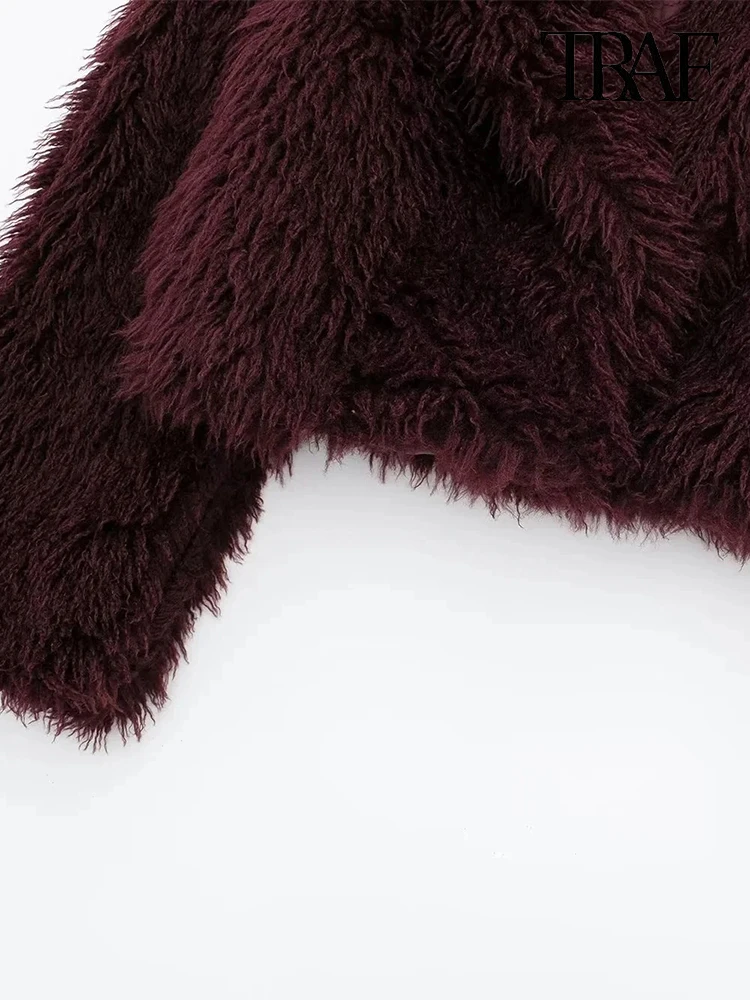 TRAF Women\'s Fashion 2024 Autumn and Winter New Vintage Burgundy Faux Fur Short Coat Thickened Warm Lapel Women\'s Coat