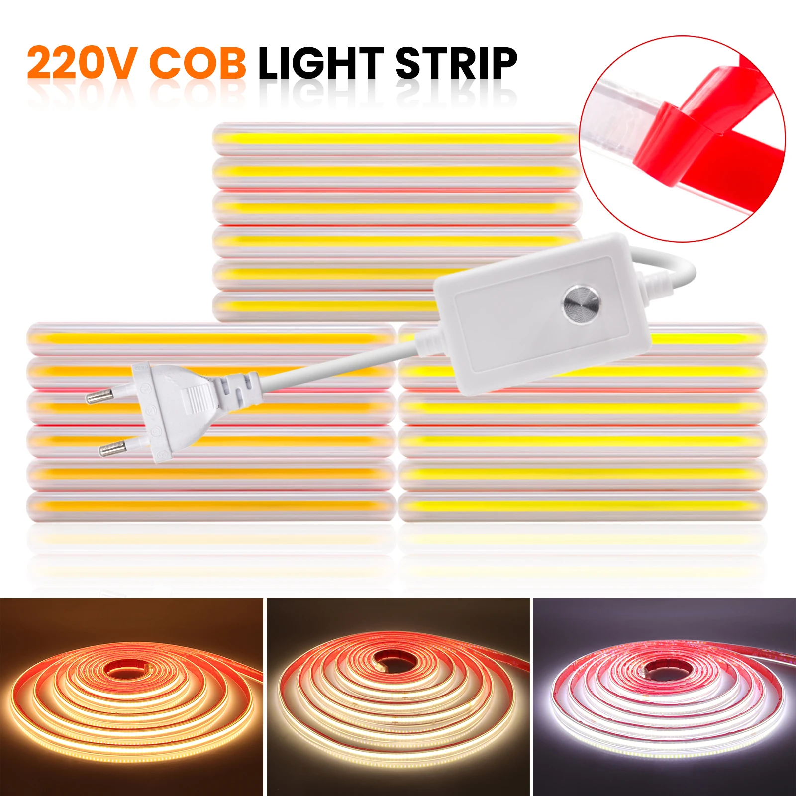 

Dimmable COB LED Strip Light Super Adhesive High Bright 288leds/M COB Tape Strips 220V Flexible Waterproof COB LED Lights EU UK