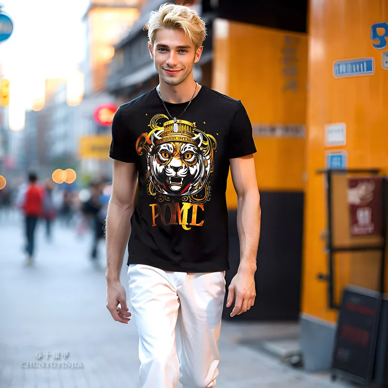 Chun yu yin jia Designer luxury brand Pattern 3D Tiger Printing Short Sleeved men t-Shirt for man Black tee