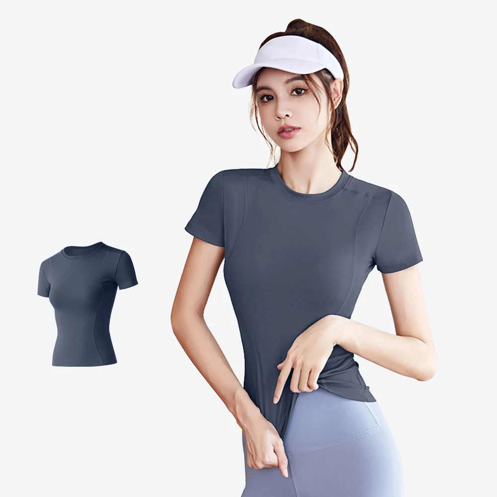 

Women Sport Tops Elastic Quick Dry Slim Yoga Shirt Embossed Short Sleeve T-shirt Running Sportwear Girls Gym Workout Fitness Top