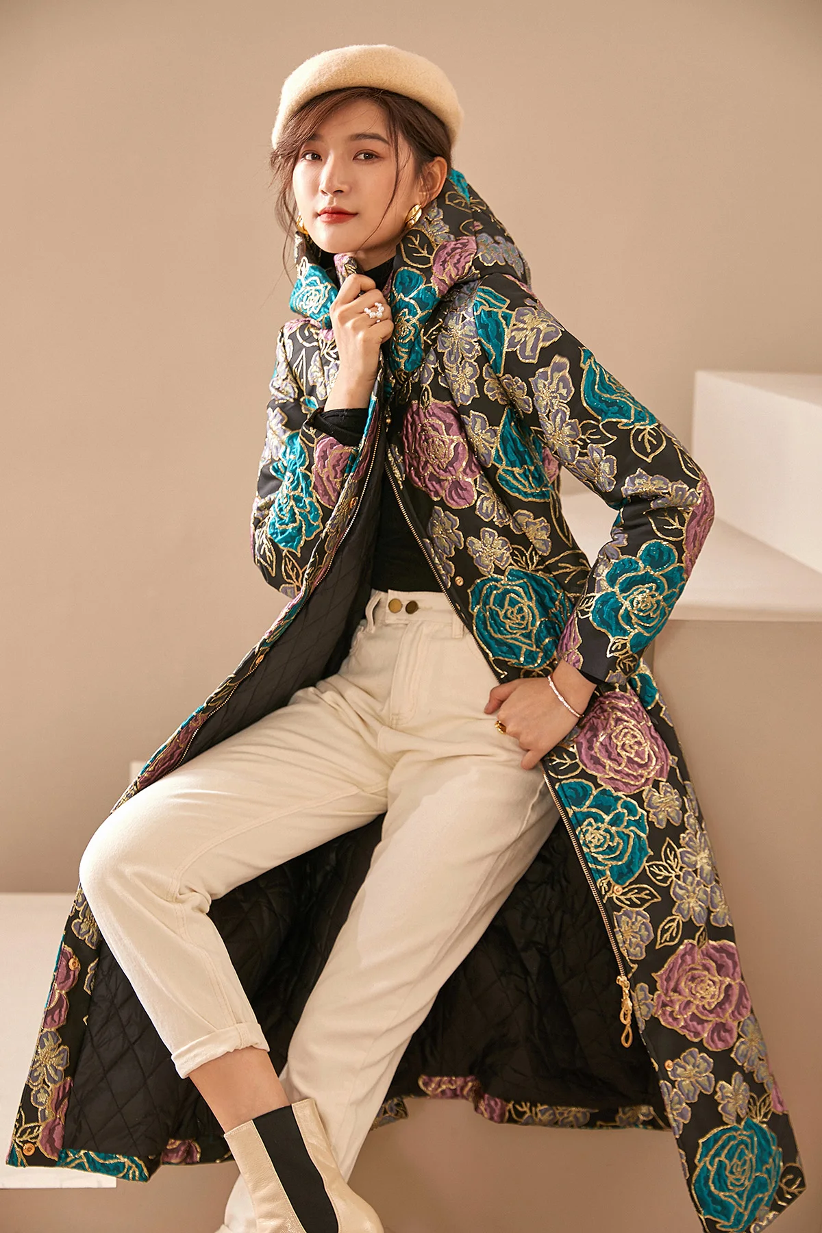 Luxury Women Winter Jacquard Coat Hooded Floral Parkas Space