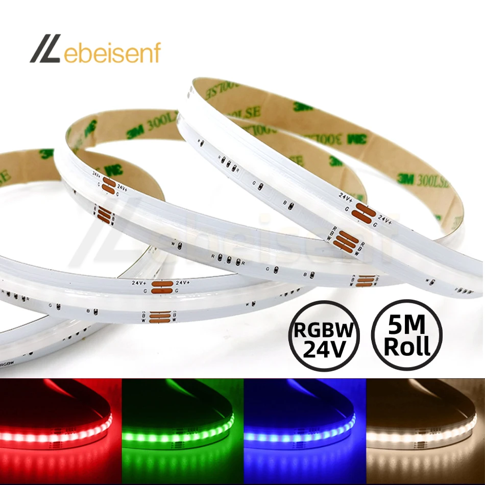 

New 5M/Roll RGBW COB LED Strip 24V 784 LEDs/m Flexible High Bright Dotless Colorful FOB LED Tape Light Bar for Indoor Room Decor