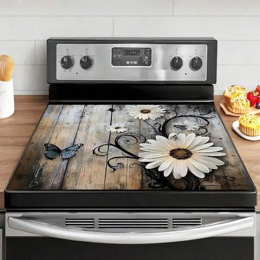 Stovetop Protector, White Daisy Pattern, Heat Resistant Scratch Resistant Polyester, for Gas Oven Cooktops, Kitchen Counter