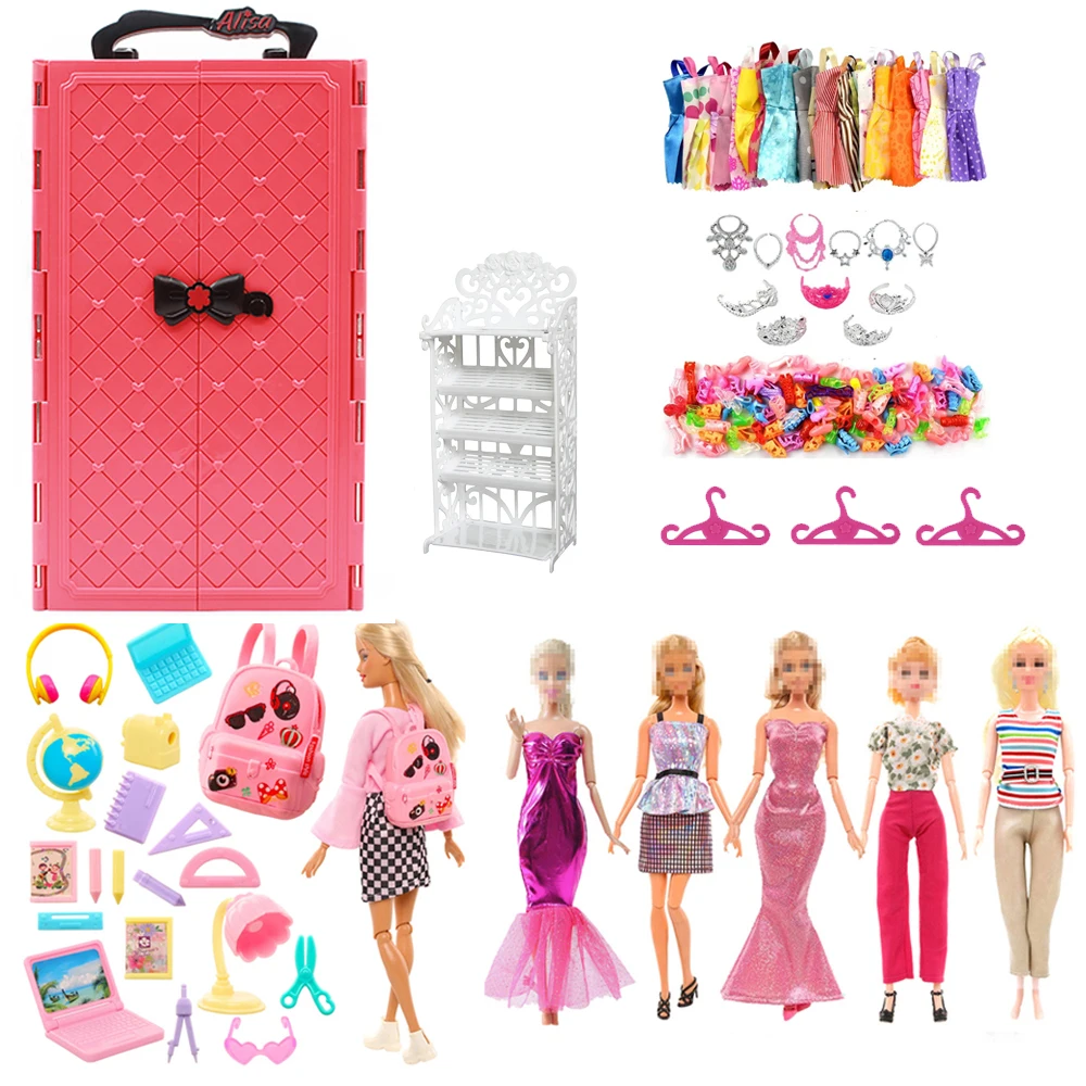 64 Items/Lot Closet for Barbie 1 Wardrobe + 1 Shoes Rack +15 Clothes +47 Accessories Dollhouse Birthday Christmas Gift Kids Toys