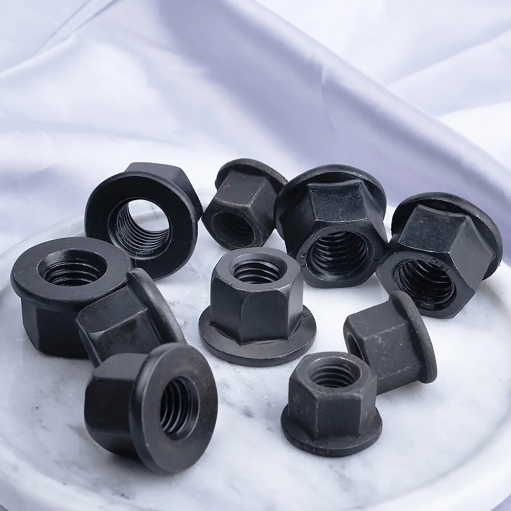 8.8 Grade Black Carbon Steel Hexagonal Flange Nut M8 M10 M12 M14 M16 M18 M20 M22 M24 M27 M30 Hex Flange Nut With Pad Height Nuts