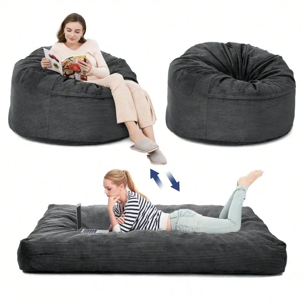 In 1 Giant Large Bean Bag Chair Bed For Adults, Convertible Floor Cushion Sofa, Washable Corduroy Cover, Beanbag For Living Roo
