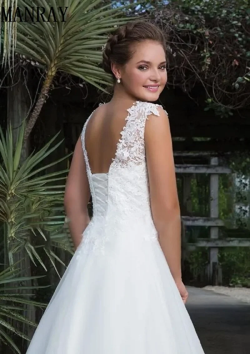 MANRAY lunghezza del pavimento abito in Tulle bianco a-line abiti da sposa per le donne scollo tondo scollo in pizzo abiti da sposa con lacci sul retro