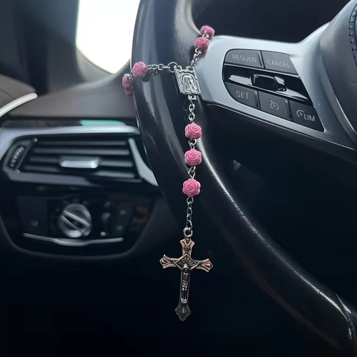 Pink Christian cross pendant car interior accessory