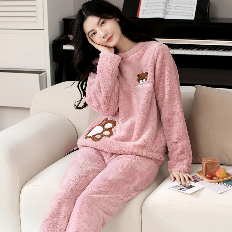 Winter Thick Warm Women Flannel Pajamas Set Long Sleeve Cute Cartoon Homewear XXL Female Nighty