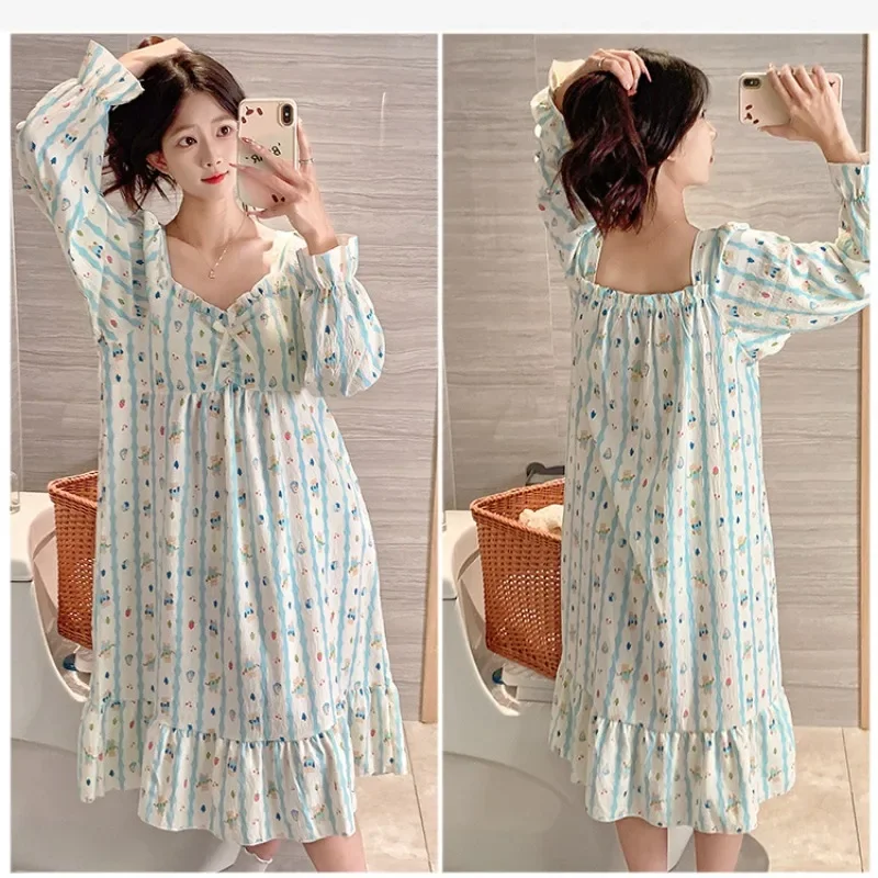 5XL Plus Size Sweet Nightgown with Chest Pad Women Autumn Long-sleeved Loose Pajamas Students Home Dress Cloud Cotton Loungewear