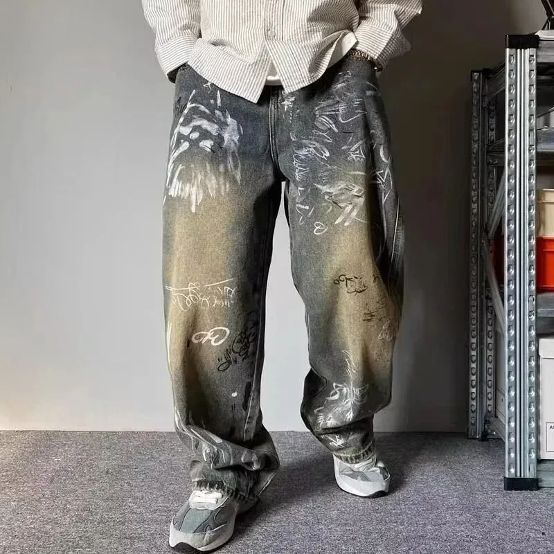 

New Graffiti Printed Baggy Jeans For Men Y2K Vintage Distressed Blue Harajuku Denim Pants High Street Straight-leg Jean Trousers