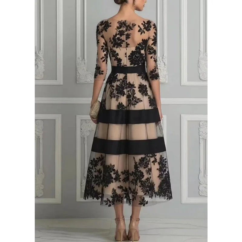 Women Mesh Formal Dress Off Shoulder 3/4 Sleeve Flocked Floral Stripe Waist Cinching Elegant Party Dress