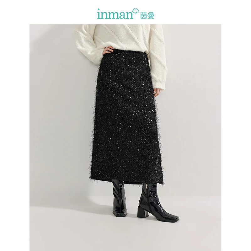 INMAN 2024 Autumn winter Fringe lace shining slit women's skirts high-waisted straight leg slimming hip skirt