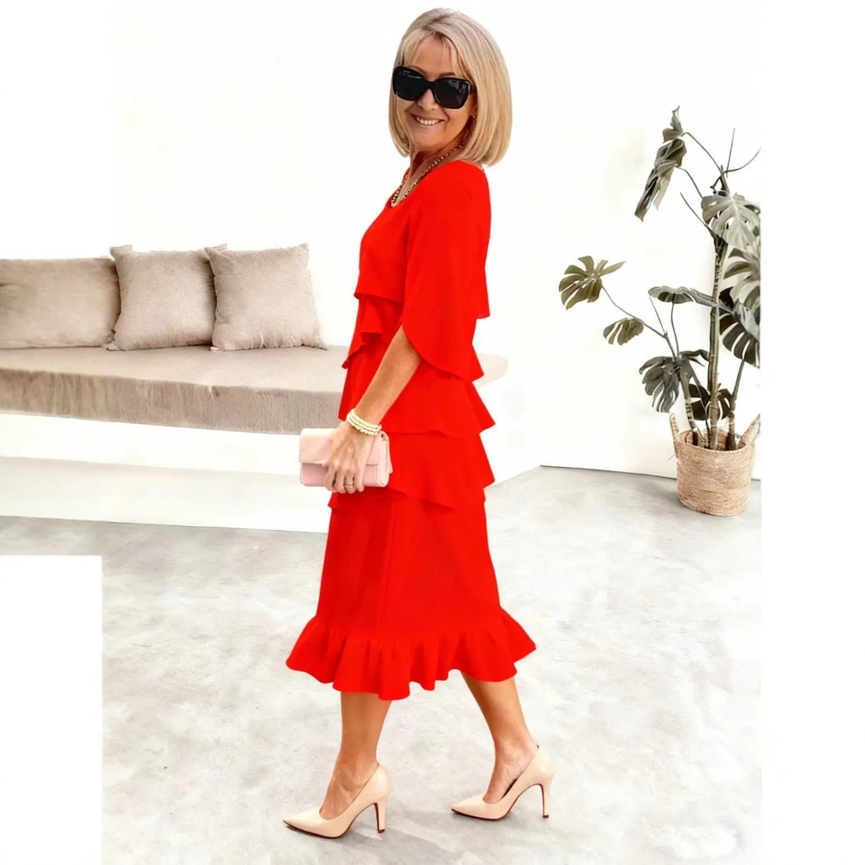 Indian Dress Indian Outfits Woman Red Dresses Pakistani Woman Black Casual Dress Round Neck Cap Sleeve Tiered Midi Length view 4