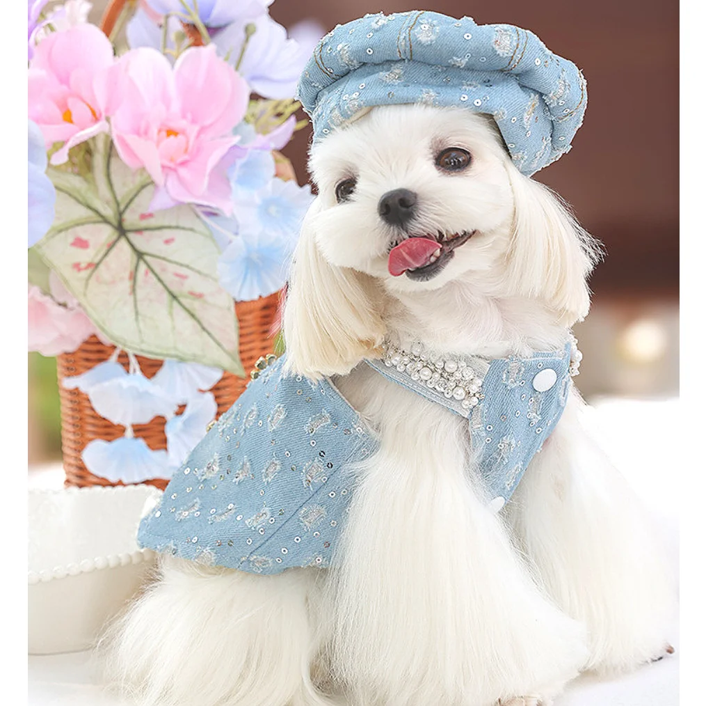 

High-Quality Handcrafted Pet Denim Vest Luxurious Beaded Premium Dog Dress