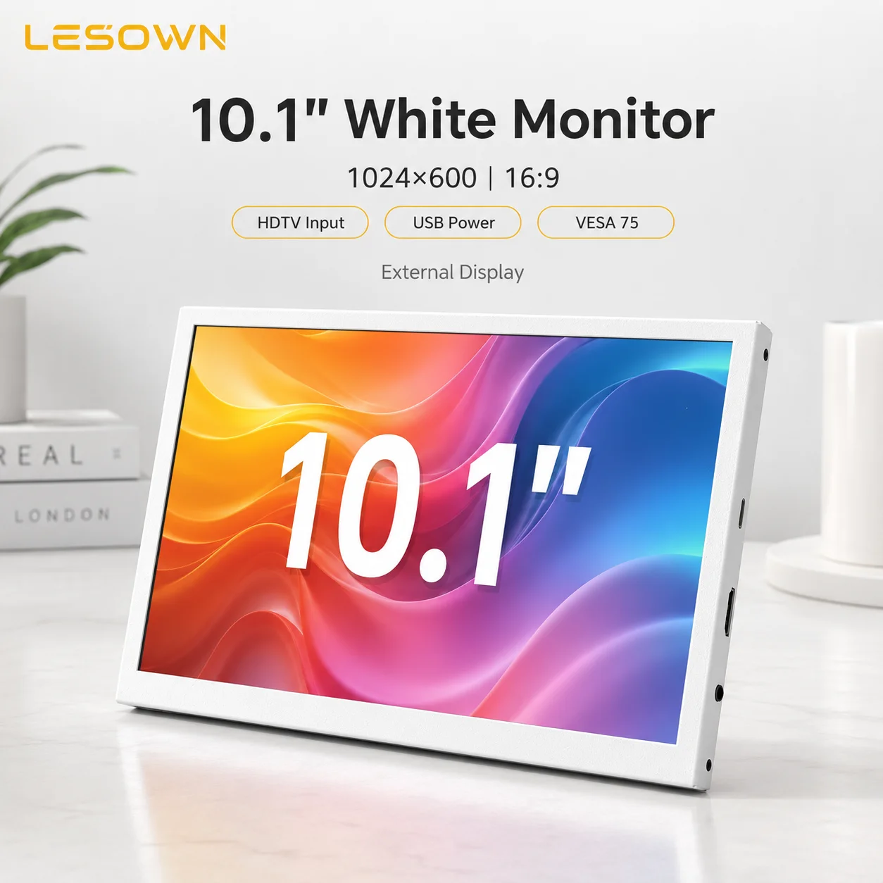 LESOWN 1024x600 Aluminium White Sub-monitor No Driver Needed 10.1 Inch DIY Project Display VESA Mount HDTV 60Hz