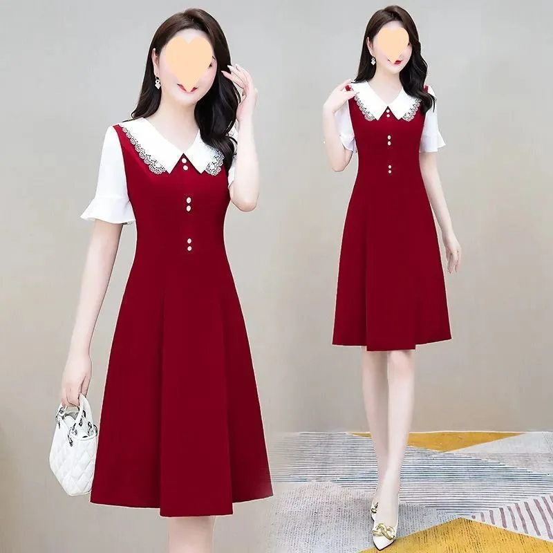 

Fashionable Chiffon Dress Women's Summer 2024 Slimming Doll Collar Mid-length Small Size Skirt Street Style A-line Skirt