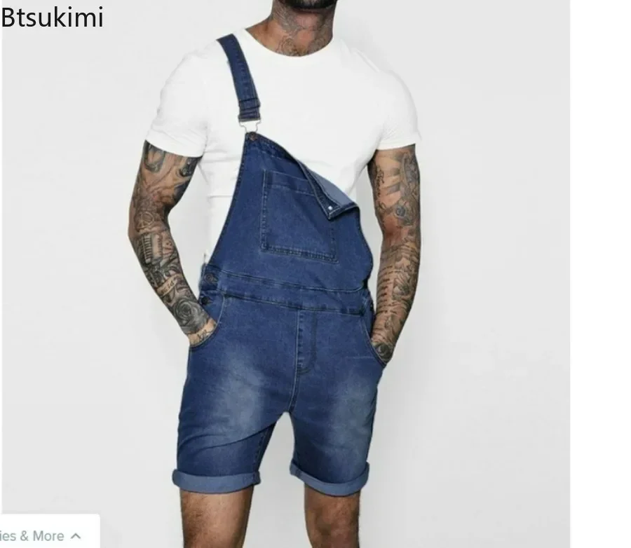 2024 Men's Fashion Multi-Pocket Baggy Jeans Jumpsuit Solid Streetwear Suspender Shorts Rompers Denim Overalls for Men Outfits