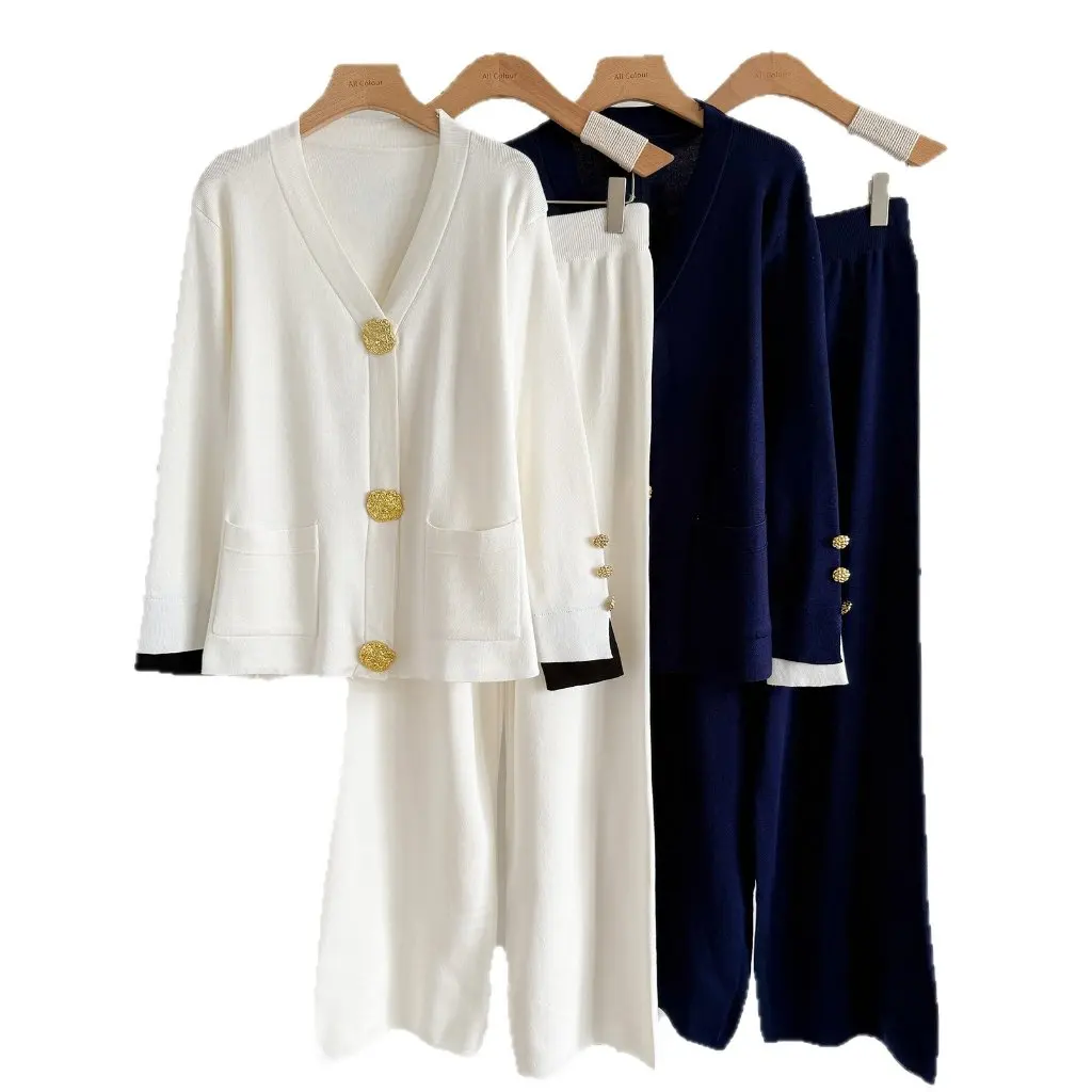 

Женский повседневный модный комплект из двух предметов, вязаный кардиган, свитер и широкие брюки, осень-зима, универсальный дизайн с металлической пряжкой