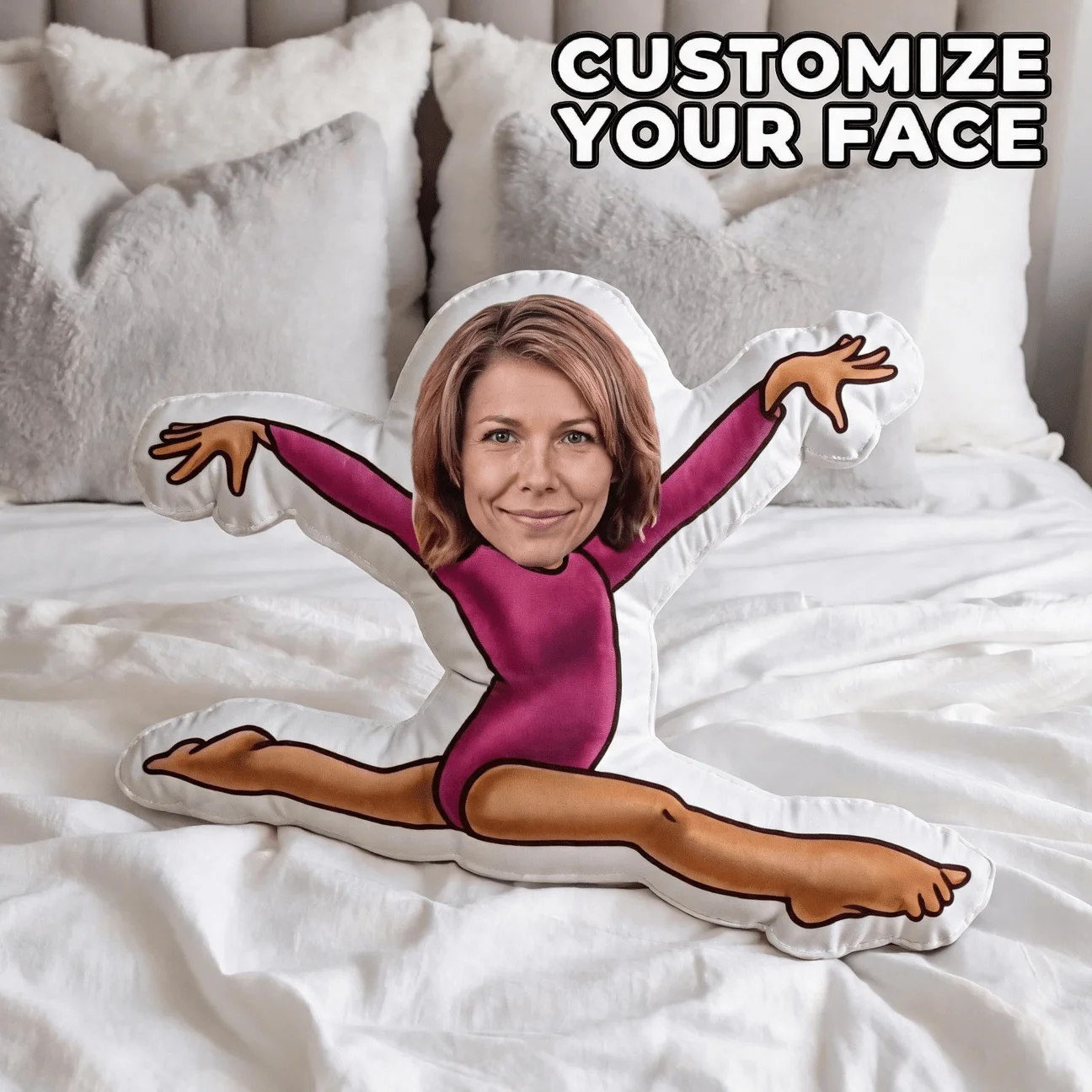 Custom Photo Shaped Pillow, Funny Face on Gymnast Body Decorative Cushion, Personalized Picture Accent Christmas Housewarming
