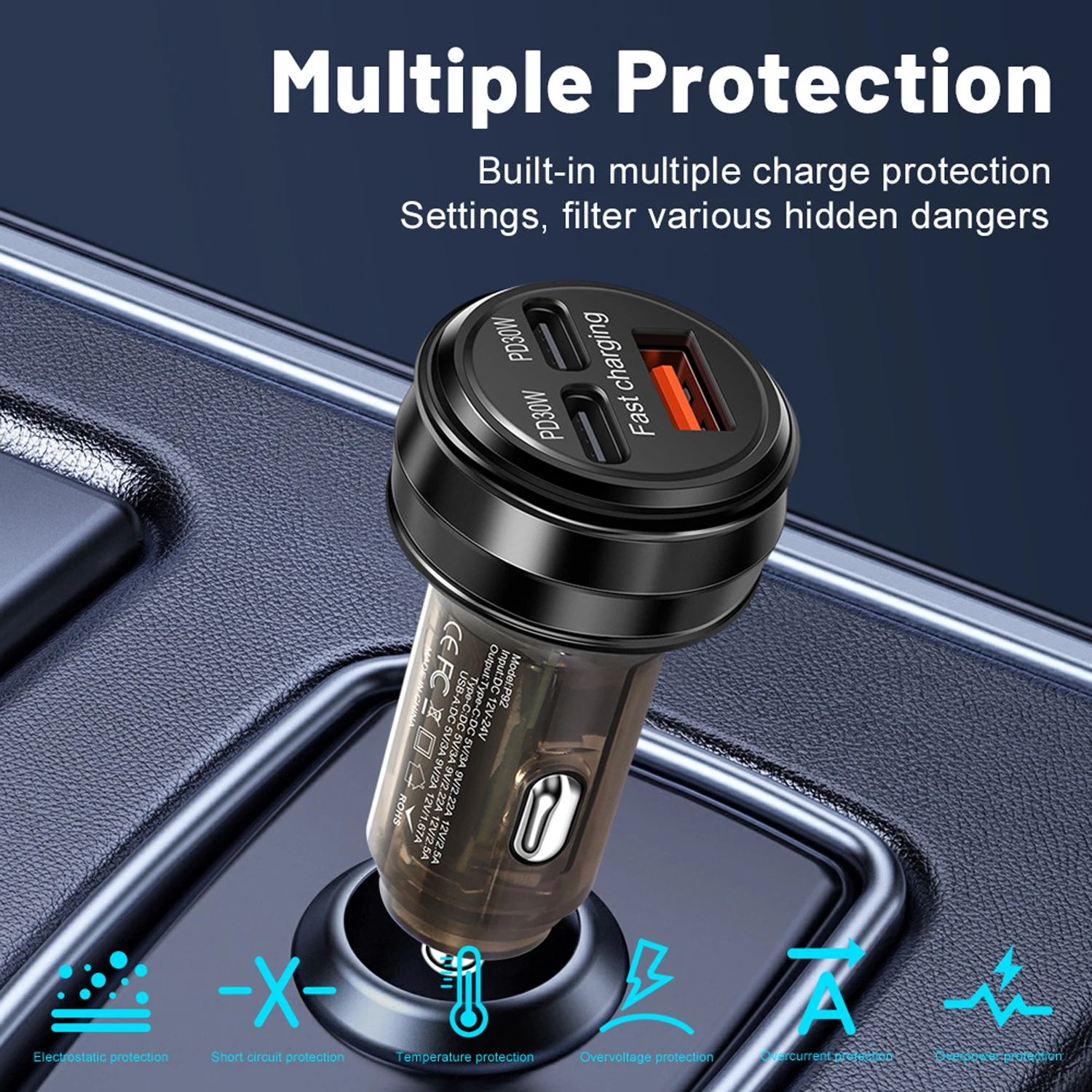 150W Dual Type C USB C PD 30W Car Charger Three Ports Fast Charging Car Phone Charger For iPhone Samsung Xiaomi and more