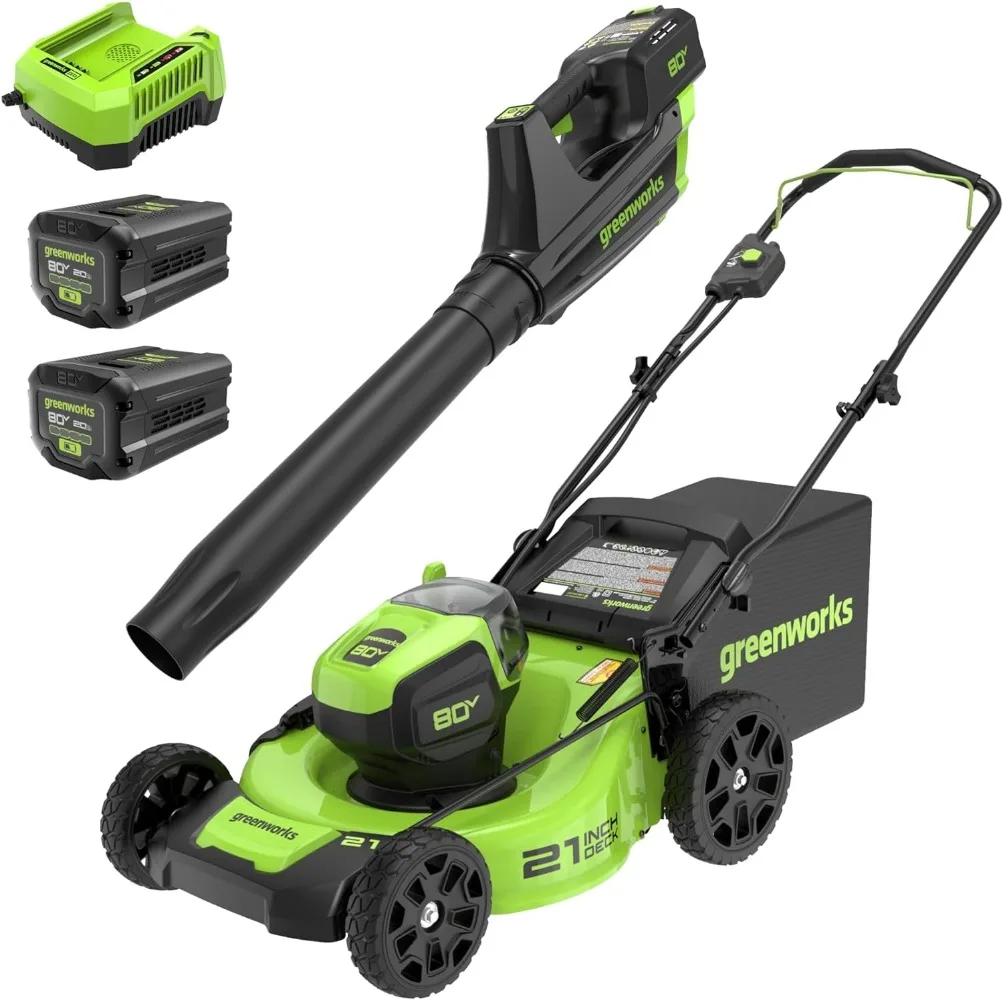 80V 21” Brushless (Push) Cordless Electric Lawn Mower + (500 CFM) Axial Leaf Blower (75+ Compatible Tools), (2) 2.0Ah Batteries