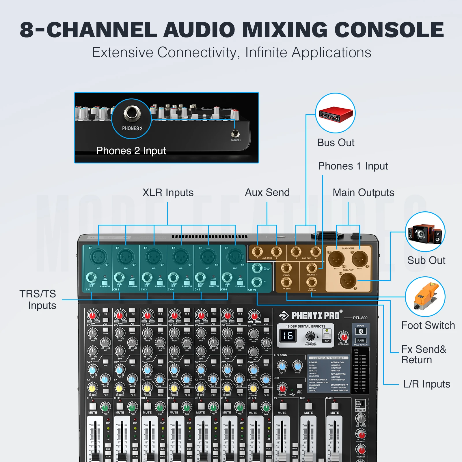 Phenyx Pro 8-Channel Audio Mixer w/ AUX, BUS, SUB, 16 DSP, BT&USB,  PTL-800 Mixing Console for Stage, Home Studio