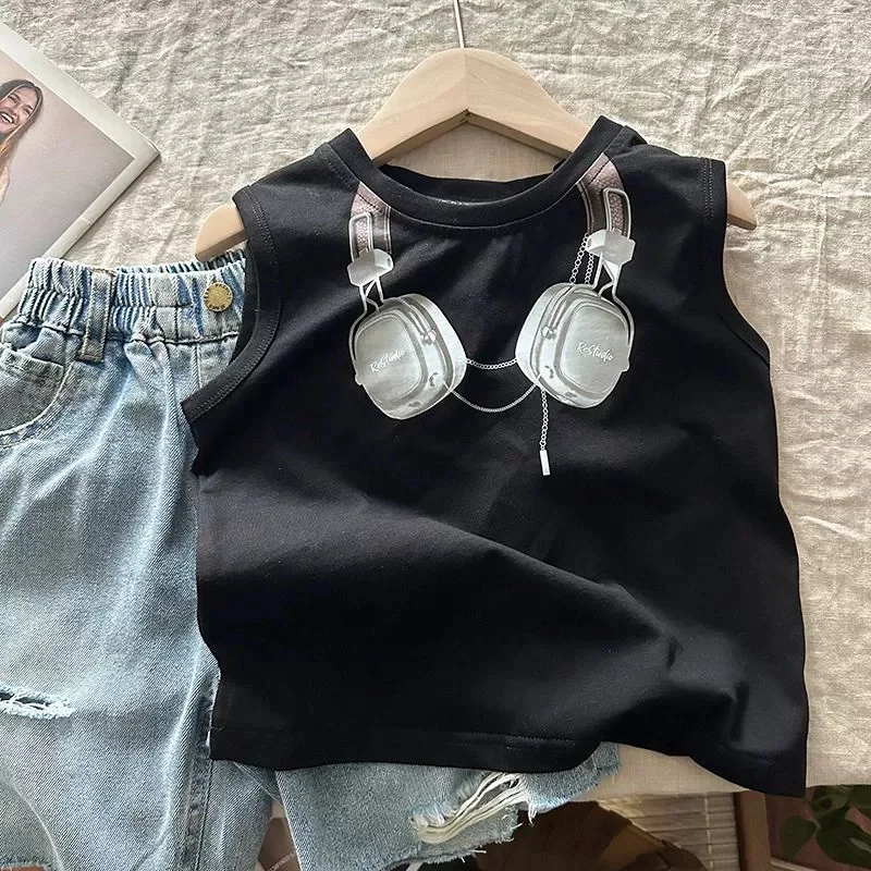 Boy\'s Cartoon Headphones Printed Sleeveless T-shirt Cotton Baby\'s Casual Korean Version Cool Handsome Little Street Vest