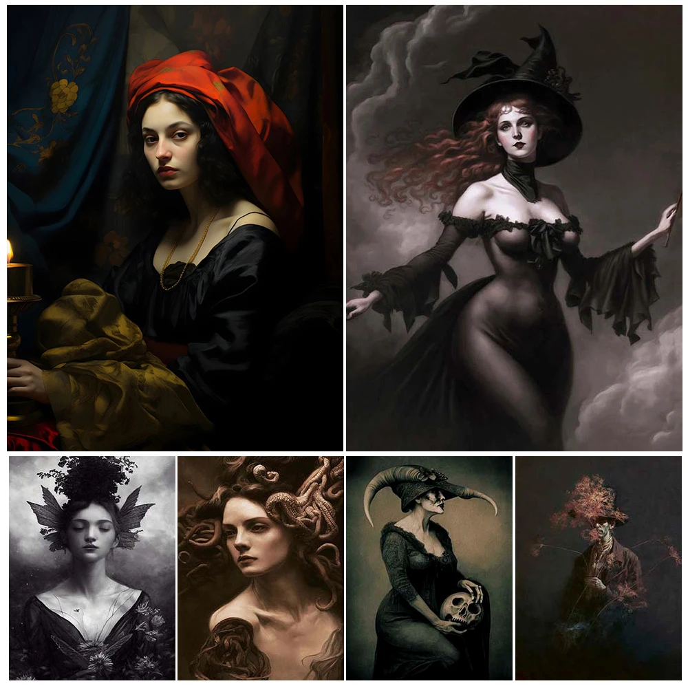 The Queen Of Witches,Vampire,Old Devilish Creepy Victorian Wall Art Canvas Painting Rebel Witch Portrait Art Poster Print Decor