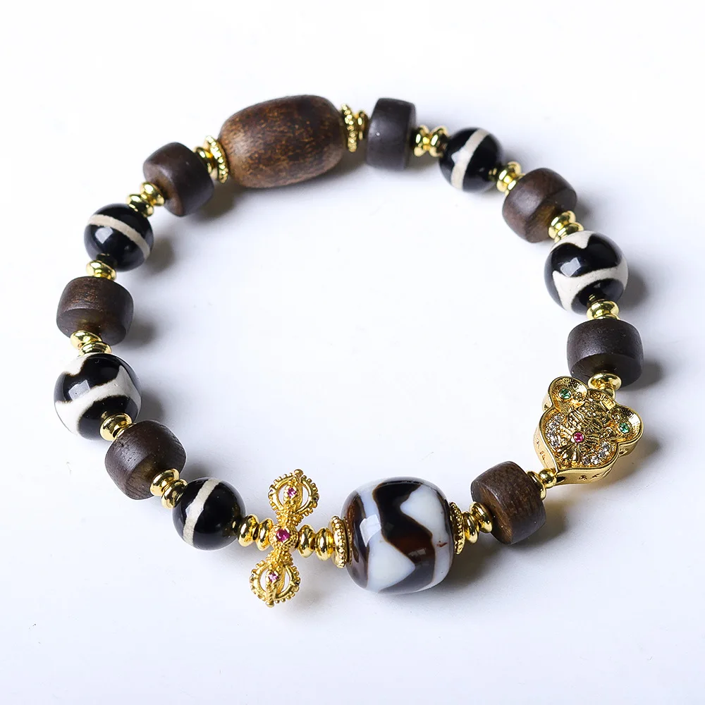 Albino Tiger Tooth Dzi Beads Bracelet with Fusen Red Soil Green Agarwood Original Chinese Style Handcrafted Wristband Gifts