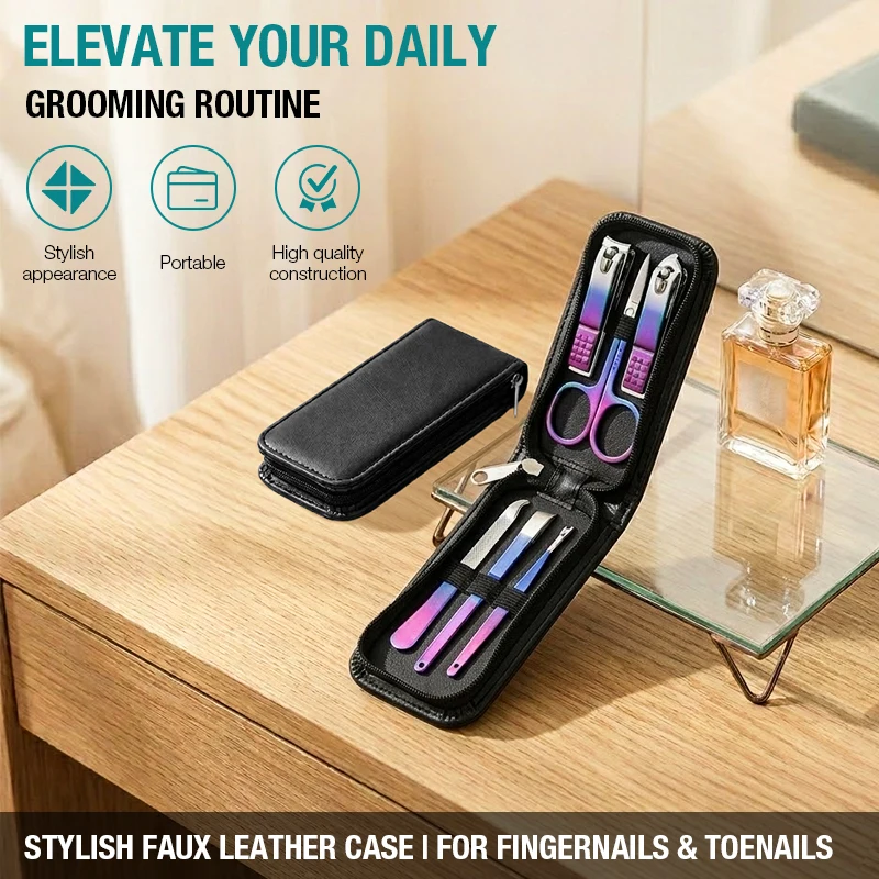 Portable Nail Clipper Set Travel Manicure Kit for Adults Includes Nail Clippers, Scissors, File, Grooming Tools, Black, for Fami