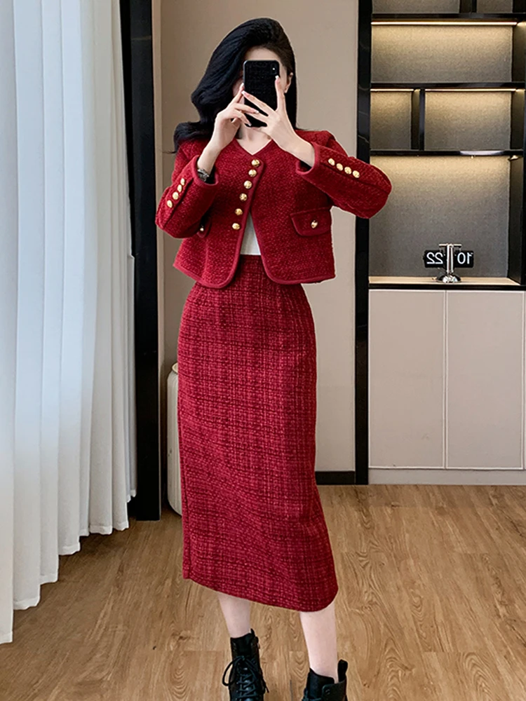 Fall Winter Christmas Small Fragrant Tweed 2 Piece Sets Women Outfit High Quality Sweet Jacket Coat & Long Skirt Two Piece Suits