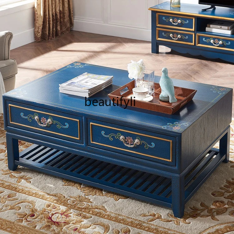 American style, blue TV  large coffee table combination, living room floor-to-ceiling audio-visual cabinet,  hand-painted.
