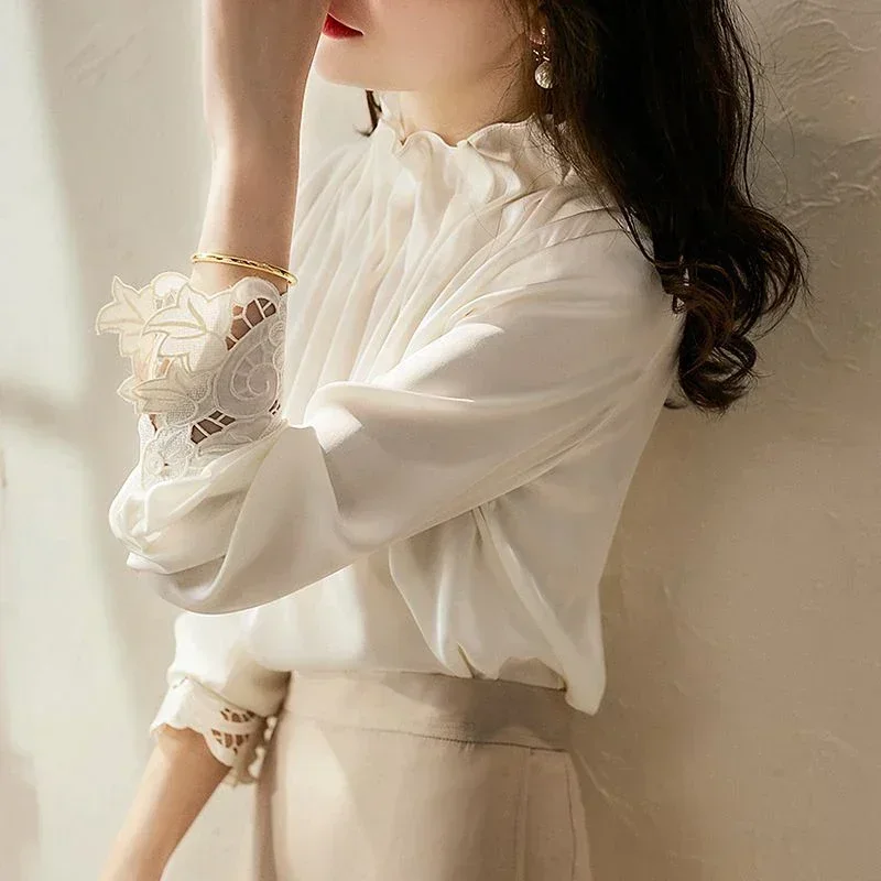 

Spring Autumn Folds Stand Collar Elegant Fashion Long Sleeve Shirt Lady Hollow Out Blouse Female Solid Color All-match Pullovers