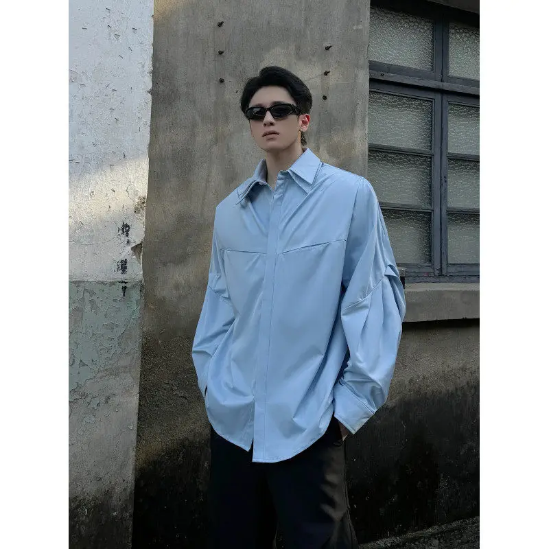 

Blue Long Sleeve Shirt Men's Style Pad Shoulder Double Collar Deconstructed Cleanfit Shirt Standard Fit Polyester Fiber Youth...