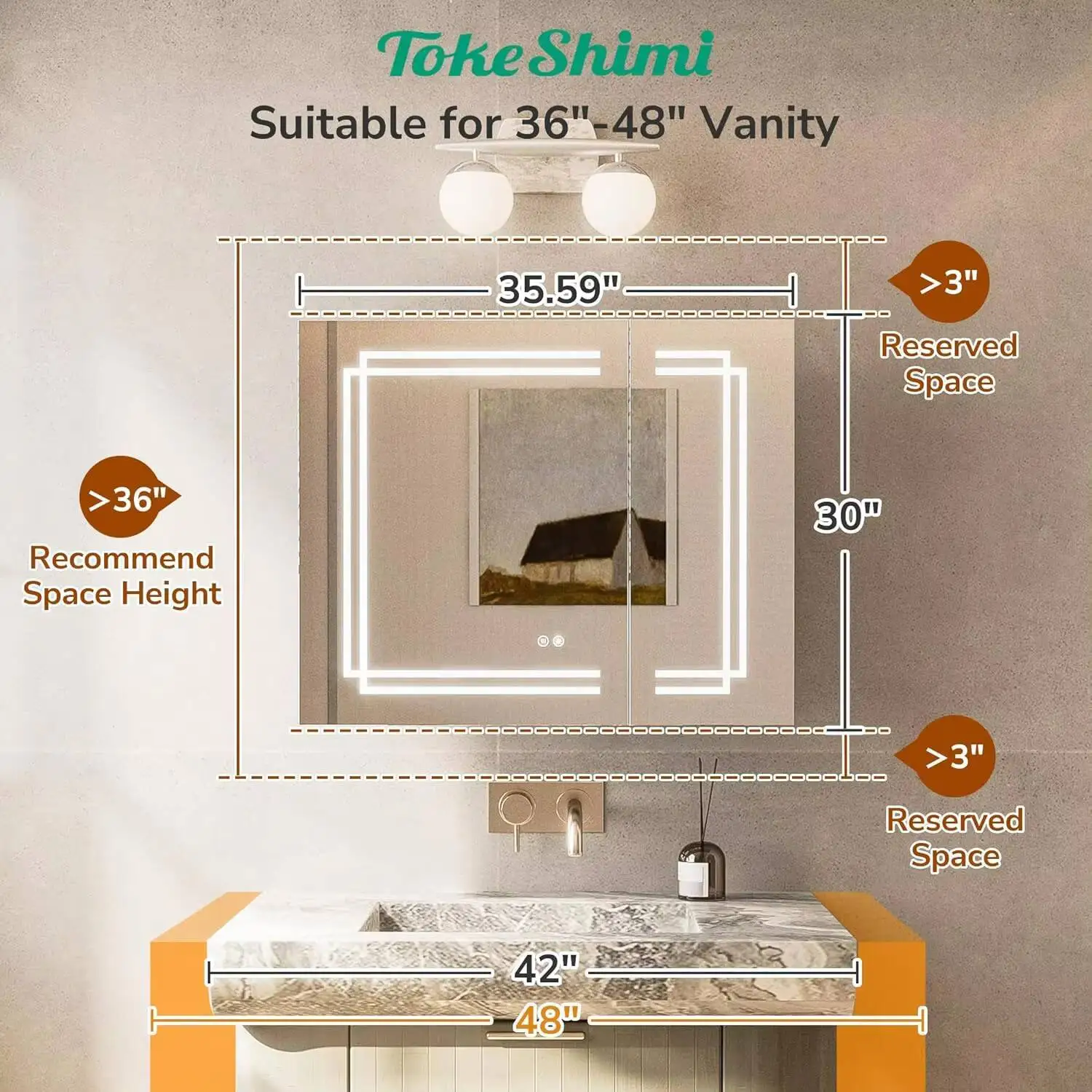 خزانة طبية بمرآة 36 × 30 LED من TokeShimi مع إزالة الضباب، خزانة أدوية مضاءة بثلاثة ألوان، خافتة بدون خطوات، CRI