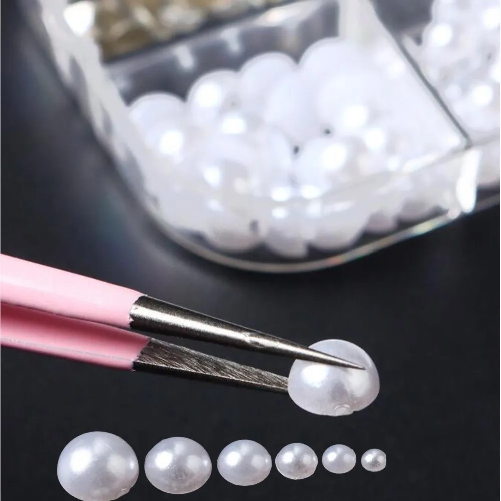12Grids 3D White Pearl Beads Mixed Rhinestone Nail Charms Flatback Half-Round Pearl Gems For DIY Phone Case Nail Art Decoration