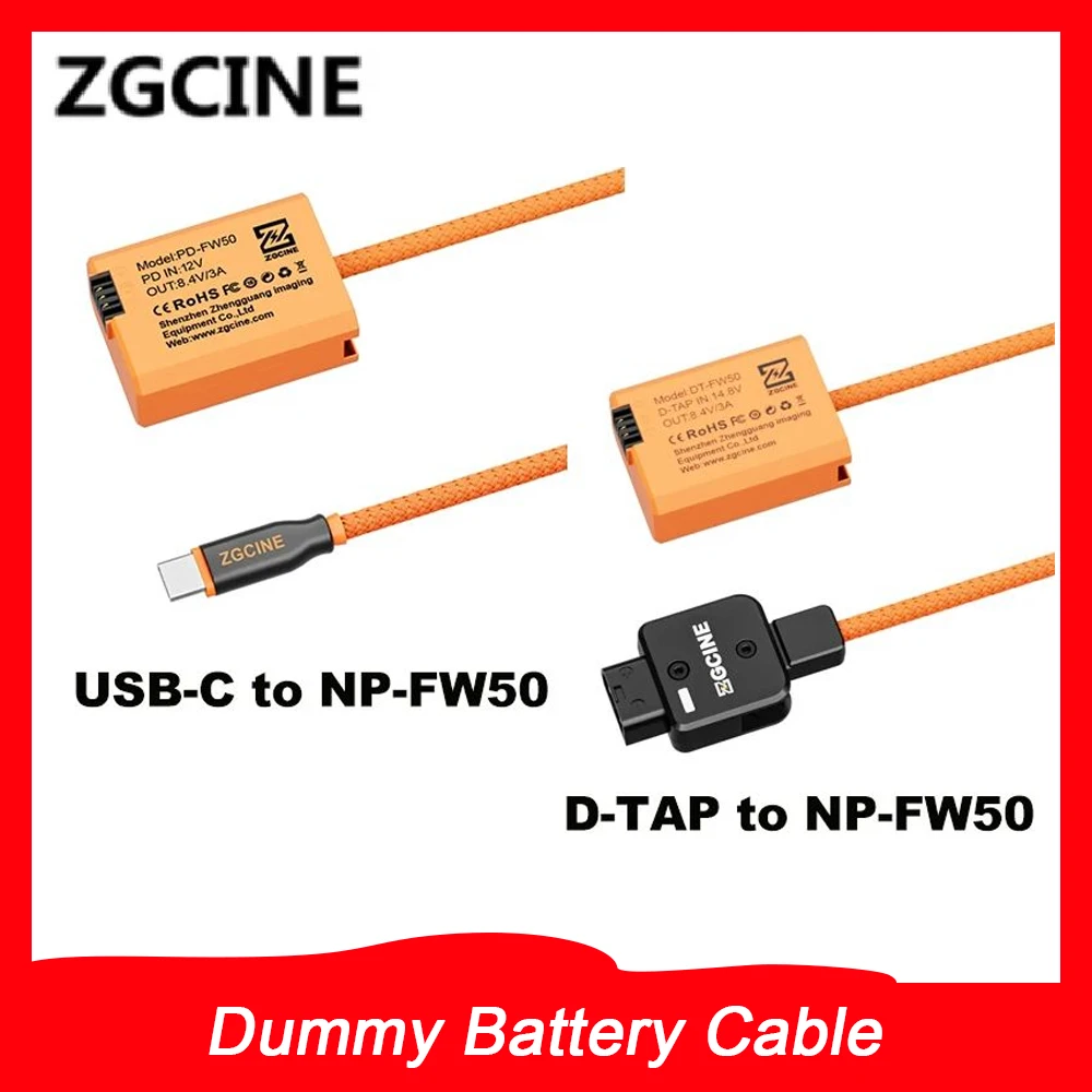 ZGCINE USB-C / D-TAP to NP-FW50 Dummy Battery Cable Braided Wire Power Supply for Sony A6000 a6400 a7m2 zve10 a7r2 Camera,60cm